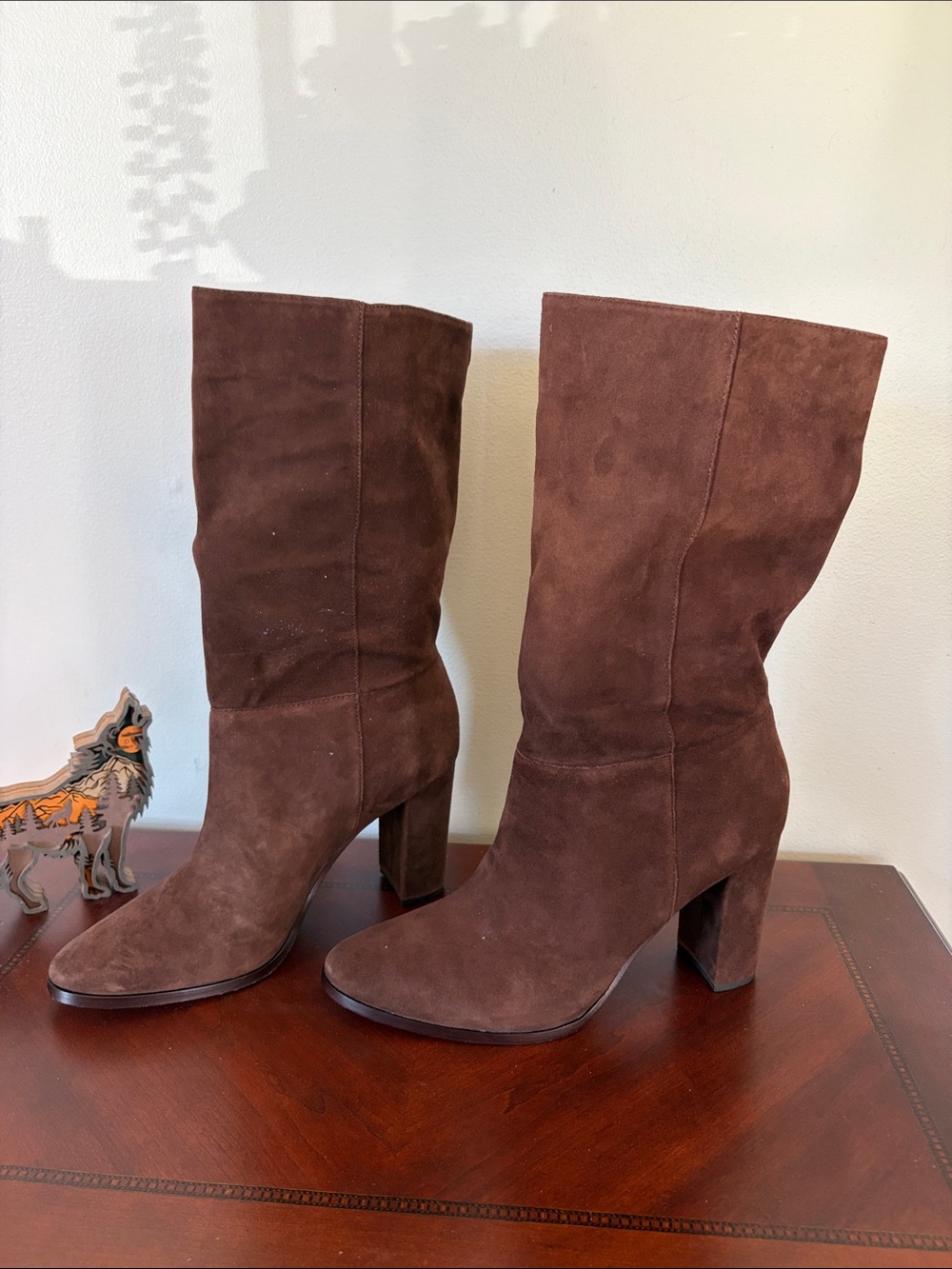 Ralph Lauren Artizan II BO-MBO Brown KidSuede Mid-Calf Block Heel Pull-on Boots